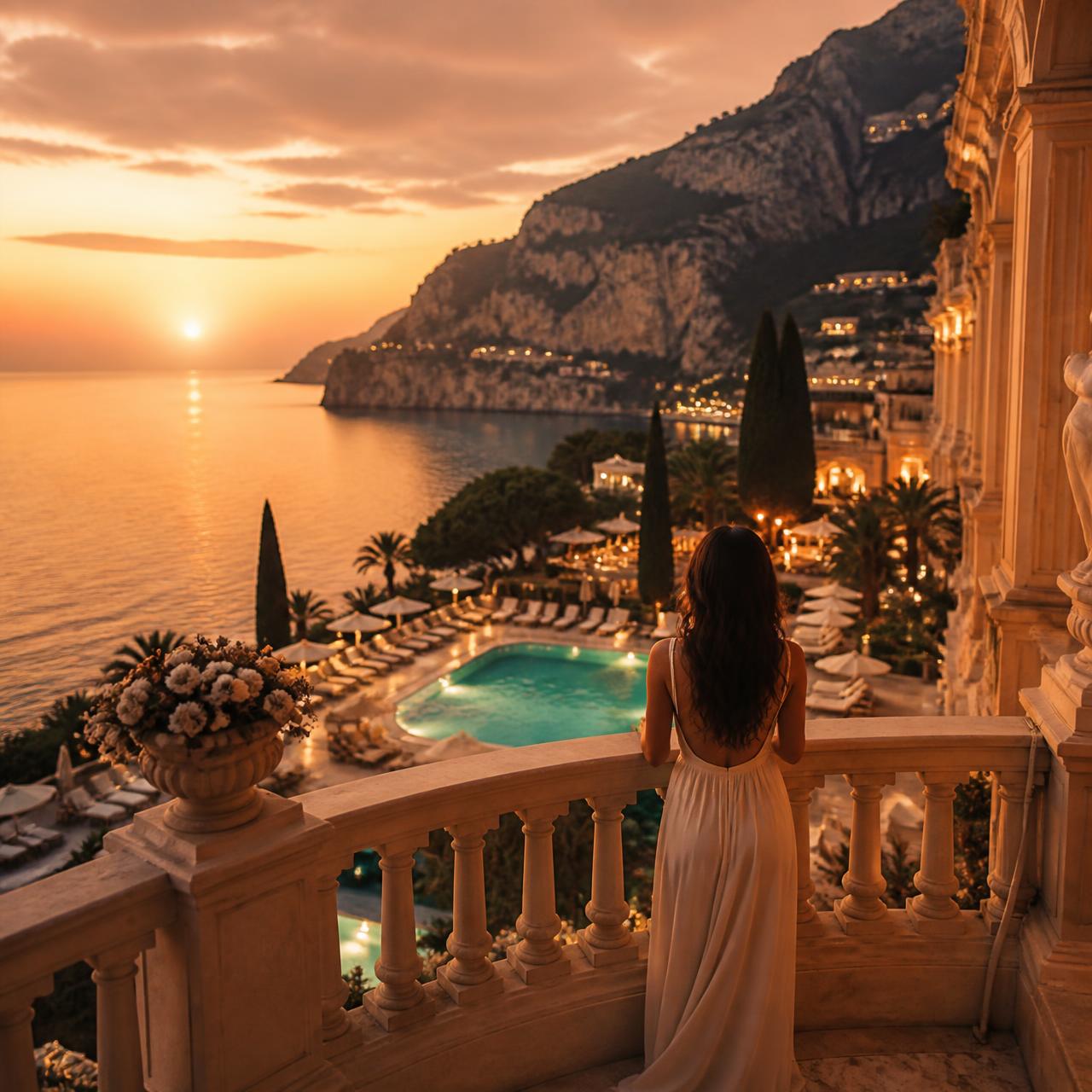 A traveler overlooking a golden-hour resort from an elegant balcony